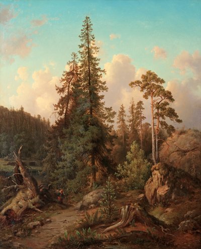 Waldlandschaft mit Frau beim Holzsammeln von Joseph Magnus Stäck